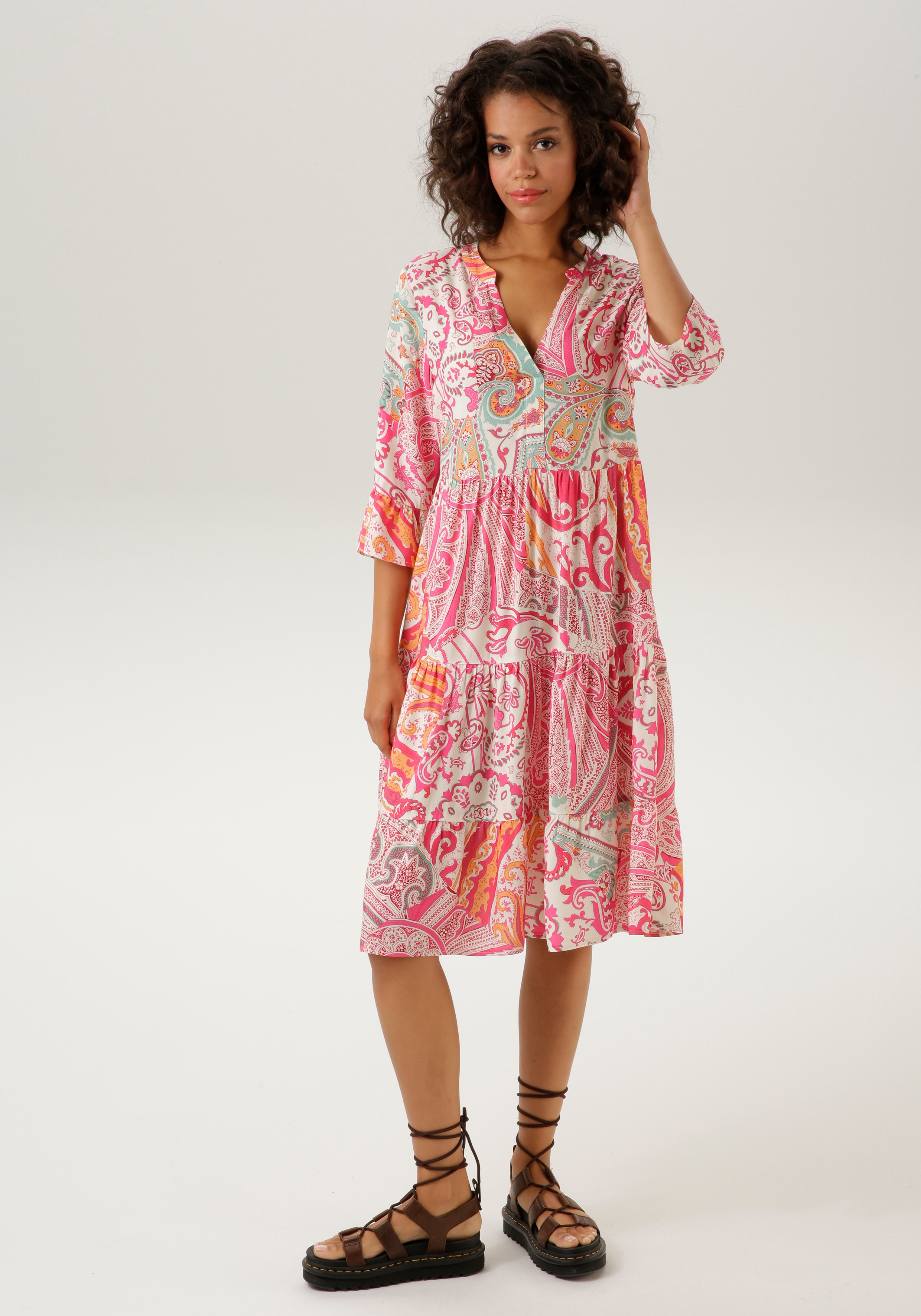 Blusenkleid ANISTON CASUAL, Damen, Gr. 46, N-Gr, bunt (wollweiß, pink, mint, orange, salbei, rot), Web, Obermaterial: 100% Viskose, Paisley, bedruckt, gemustert, Feminin, lässig geschnitten kniefrei, V-Ausschnitt, Volant, Kleider, mit großflächigem... Image