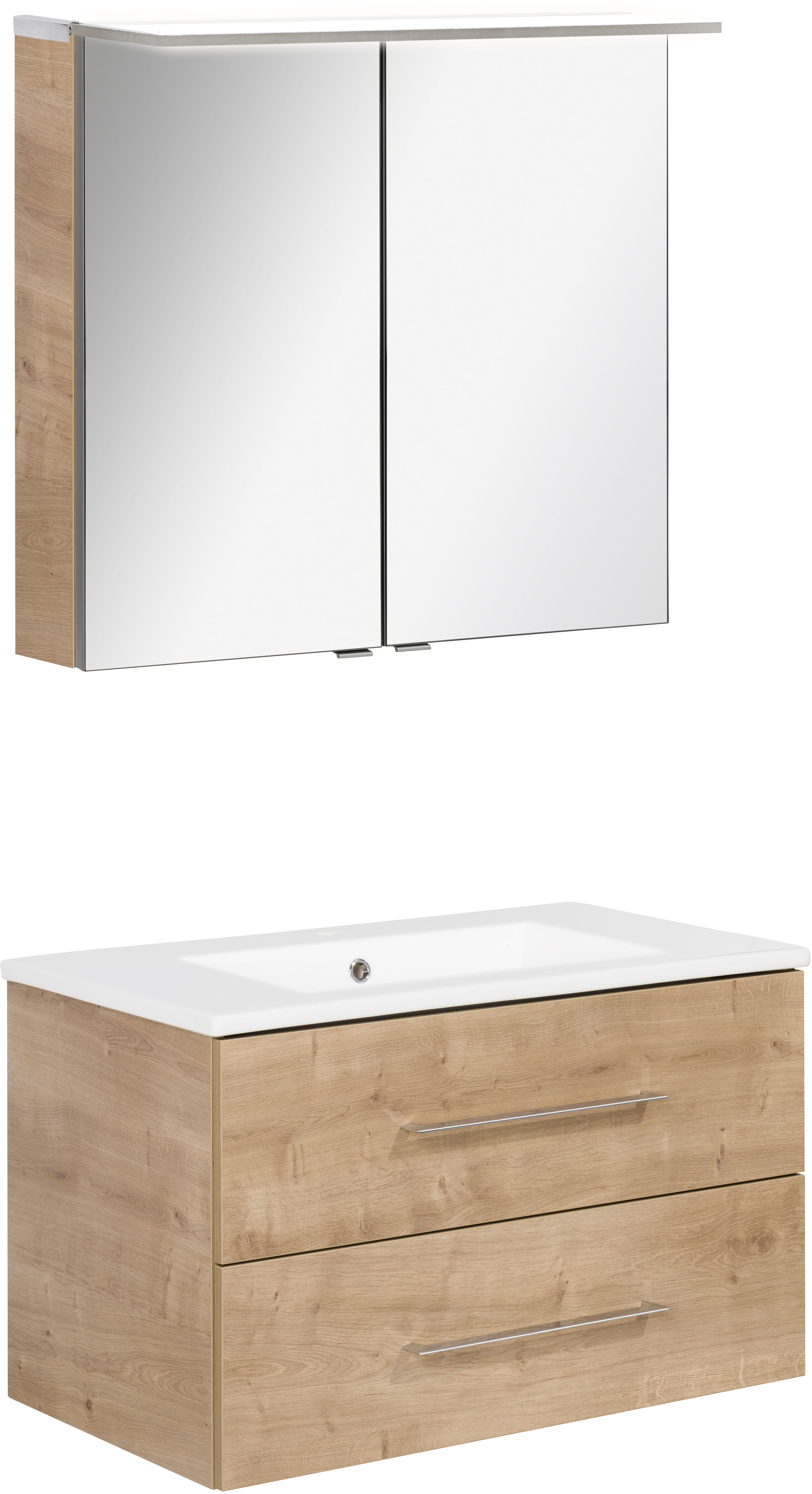 Waschtisch FACKELMANN "Waschplatz-Set B.Perfekt", braun (korpus und fronten optik asteiche, optik asteiche), B:82cm T:48cm, Waschtische, 3-teilig Image