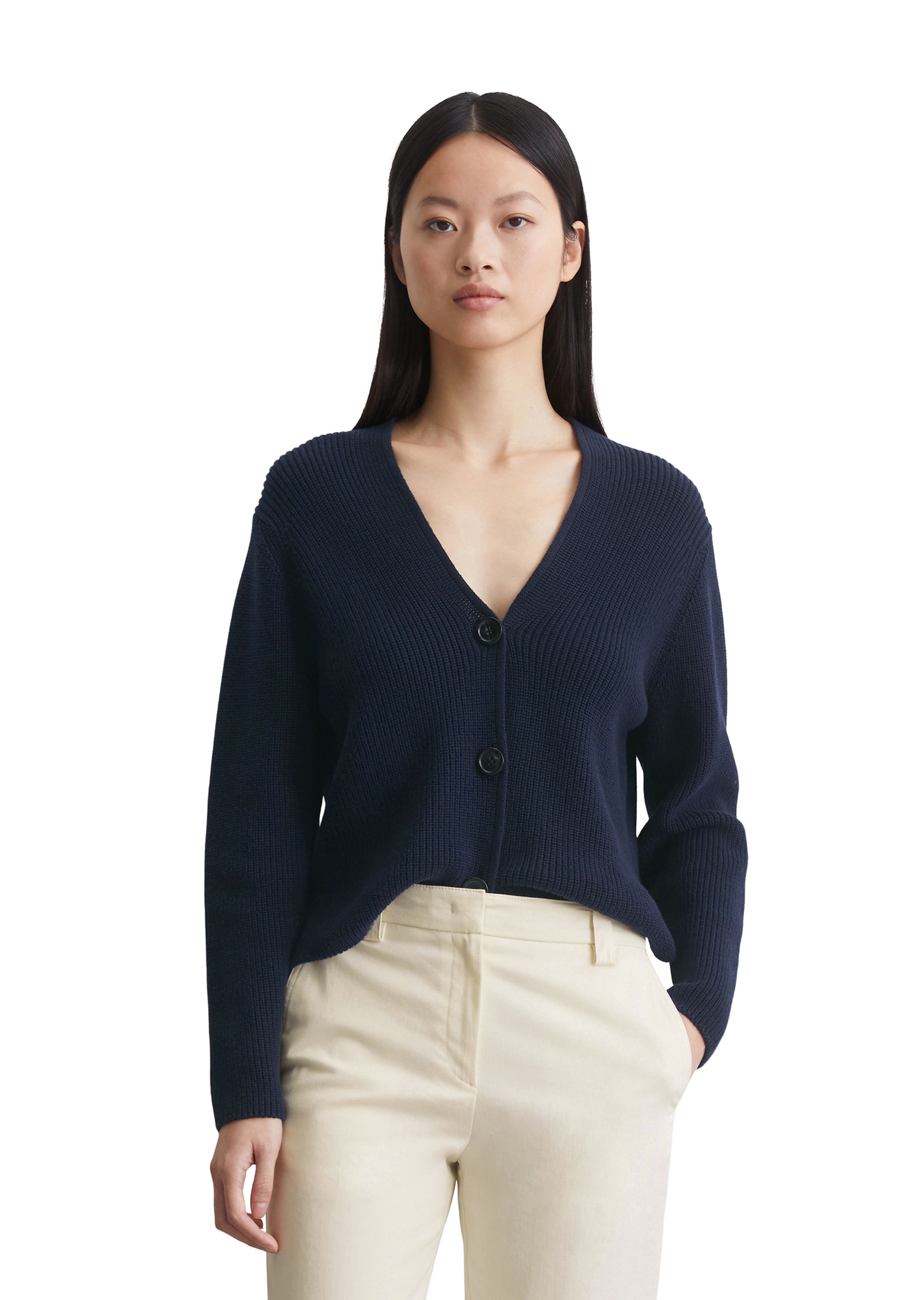 Cardigan MARC O'POLO "aus Heavy-Weight-Organic-Cotton", Damen, Gr. M, blau (night sky), Obermaterial: 100% Baumwolle, unifarben, loose fit, V-Ausschnitt, normaler Saum, Strickjacken