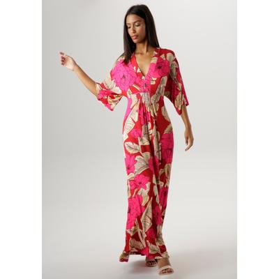 Sommerkleid ANISTON SELECTED, Damen, Gr. 36, N-Gr, bunt (rot, beige, pink), Single Jersey, Obermaterial: 95% Viskose, 5% Elasthan, bedruckt, geblümt, modisch, lässig geschnitten lang, V-Ausschnitt, 3/4-Ärmel weit, Kleider, mit großflächigem Blüten-... Image