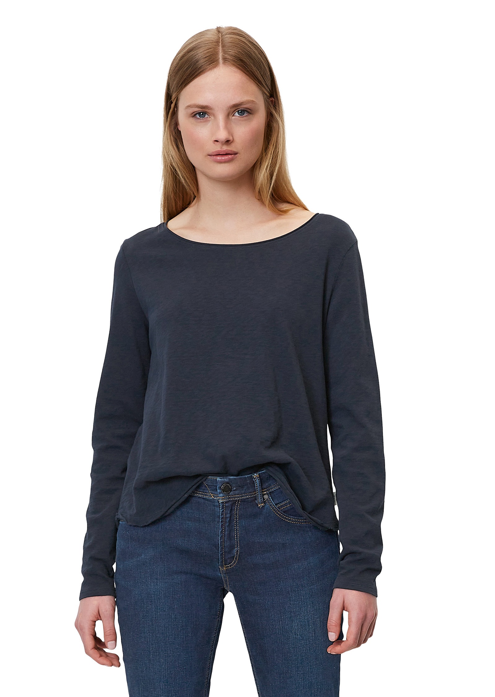 Langarmshirt MARC O'POLO DENIM "aus Organic Cotton", Damen, Gr. XS, blau (scandinavian blau), Obermaterial: 100% Baumwolle, unifarben, Basic, regular fit, Rundhals, Rollkante, Shirts Langarmshirt