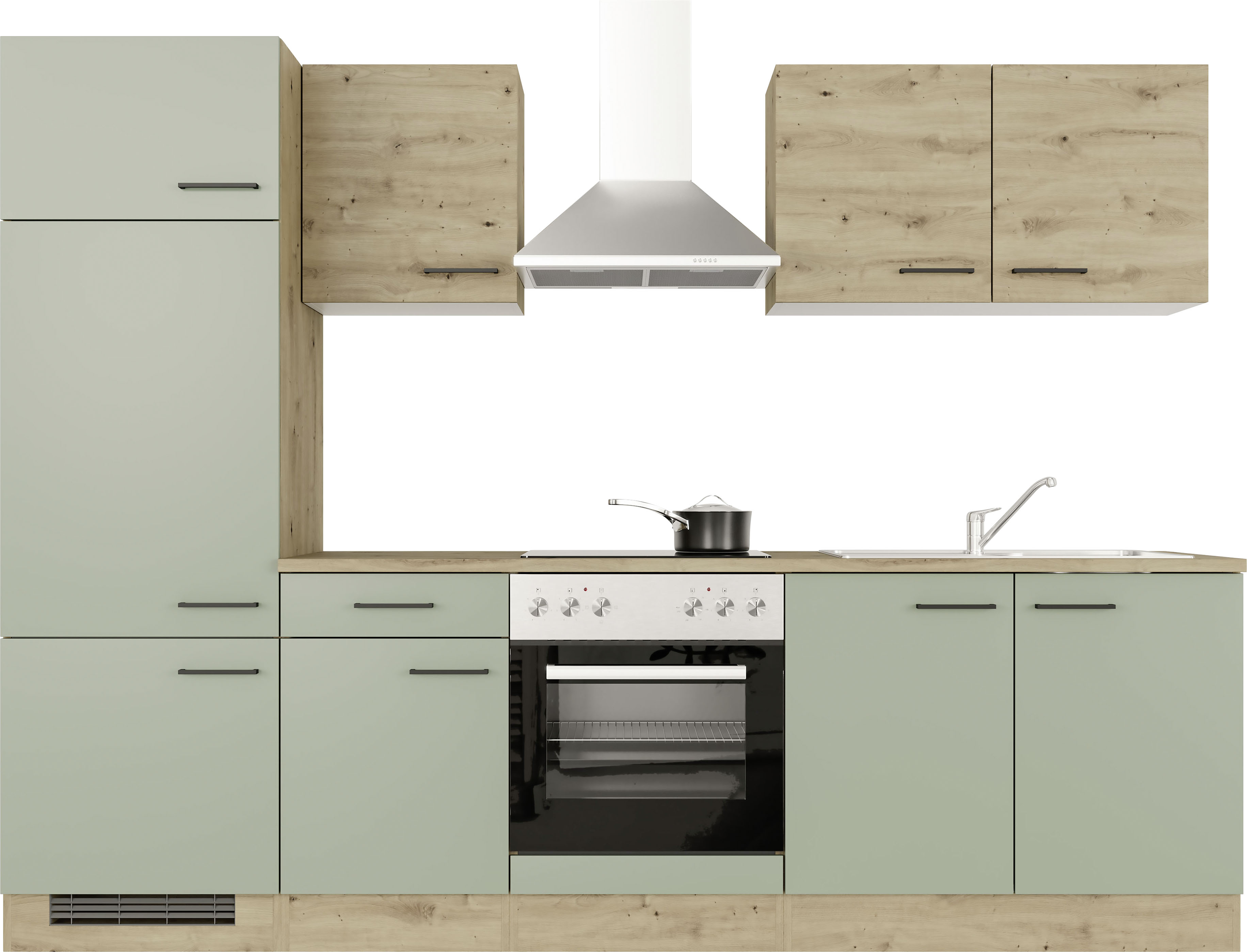 Küchenzeile FLEX-WELL "Cara", grün (küche: grün, front: schilfgrün, artisan eiche, korpus: artisan eiche, arbeitsplatte: artisan eiche), B:270cm H:200cm T:60cm, Komplettküchen-Sets, mit und ohne E-Geräten erhältlich, Gesamtbreite 270 cm