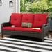Ebern Designs Gyung 73" Wide Outdoor Wicker Reversible Patio Sofa w/ Cushions Wicker/Rattan/Olefin Fabric Included in Red | Wayfair