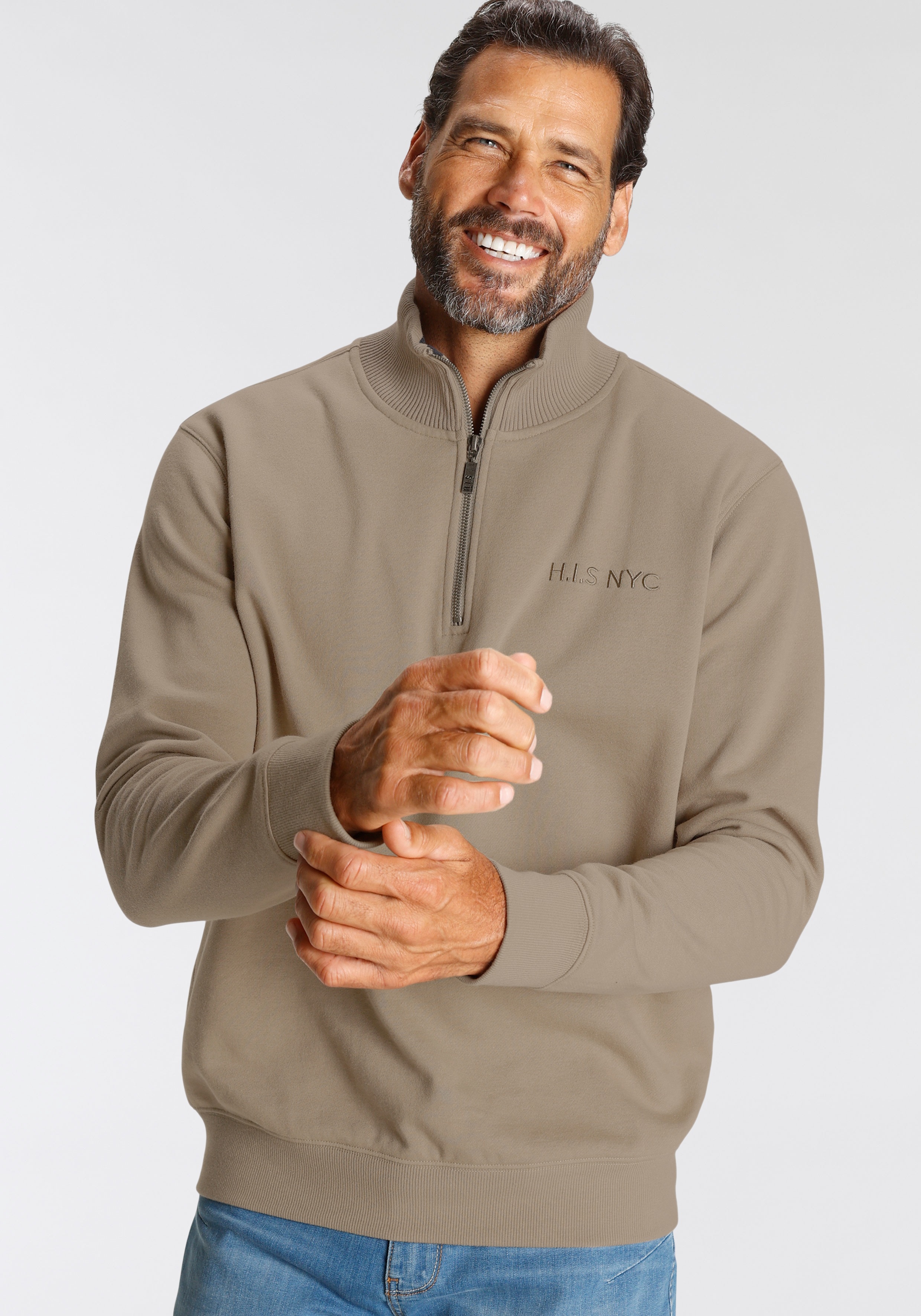 Sweatshirt H.I.S, Herren, Gr. 3XL (64/66), beige, Sweatware, Obermaterial: 60% Baumwolle, 40% Polyester, unifarben mit Farbeinsatz, normal, Sweatshirts Sweatshirt, unifarben, aus dehnbarer Sweatware, mit Logostickerei