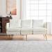 3 Seater Straight Row Sofa, White Velvet Upholstered Handmade Woven Couch w/ Removable Seat Cushion & Metal Frame, Living Room