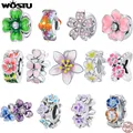 WOSTU 925 Sterling Silver Colorful Cherry Blossoms Charms Pink Flower Beads Fit Original Bracelet