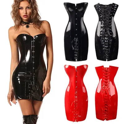 Schnürkorsettkleid aus Kunstleder, Wetlook, PVC, Steampunk, Gothic, trägerlos, Bustierkleid, Vintage, Club, Halloween, Party, Mieder, 6XL Image
