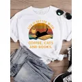 Cat Books T-Shirt da caffè stampa Summer Graphic T Top abbigliamento camicia moda donna donna manica