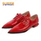 Plus Size Pointed Toe Lace Up Derbies Women Red Gold Patent Leather Flats Square Heels Office Party