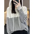 Women's Hoodies 100% Merino Wool Sweater Striped Long Sleeve Casual Loose Pullover Cashmere