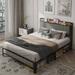 Industrial Style Metal Platform Bed Frame with Power Outlet & USB Ports, Upholstered Platform Bed with Headboard & Footboard