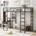 Classic Simple Twin All-in-One Metal Loft Bed w/ 2 Shelves & 1 Desk Multi-Functional Platform Bed Frame for Kids, Teens, Black