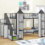 Twin Over Twin Size Castle-Shaped Bunk Storage Bed with Wardrobe