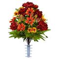 BULYAXIA Artificial Cemetery Flowers â€“ Realistic Outdoor Grave Decorations - Non-Bleed Colors- Burgundy Peony and Orange Bouquet for Cemetery-vase Sold Separately