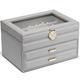 Vlando Grey Jewelry Box Leather Jewelry Organizer 3 Layer Glass Jewelry Boxes with 2 Drawers Large Jewelry Storage for Mothers Day Gifts Jewelry Box for Teen Girls Earrings Necklaces Rings