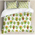 ABAKUHAUS Cinco de Mayo Duvet Cover Set, Cactus Characters Fun, Bedding Set 3 Pieces with 2 Pillow Shams, 230 x 220 cm - 70 x 50 cm, Lime Green White Mustard