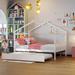 House Bed for Kids, Wooden House Bed Frame with Trundle Bed, Roof Design Bed with Headboard