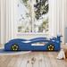 Kids Race Car Bed，Twin Size Race Car-Shaped Platform Bed with Storage Shelves and Wheels for Kids Teens Bedroom Furniture, Blue