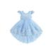 Suanret Kids Girls Summer Evening Dress Flying Sleeve Lace Floral Princess Dress Party Prom Dress Sky Blue 2-3 Years