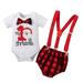 WANYNG Christmas Clothing for Xmas Baby Boys Cute Cartoon Letter Short Sleeve Bowknot Romper Bodysuit Tops Plaid Suspender Pants Christmas Outfit Set 2PCS Nightmare Before Christmas Clothing for kids