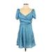 Zara Cocktail Dress - A-Line V-Neck Short sleeves: Blue Print Dresses - Women's Size Small