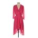 Fraiche by J Casual Dress - Wrap V-Neck 3/4 sleeves: Pink Print Dresses - Women's Size Small