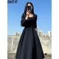 Robe longue noire à encolure carrée pour femmes robe midi maxi design français vintage vêtements