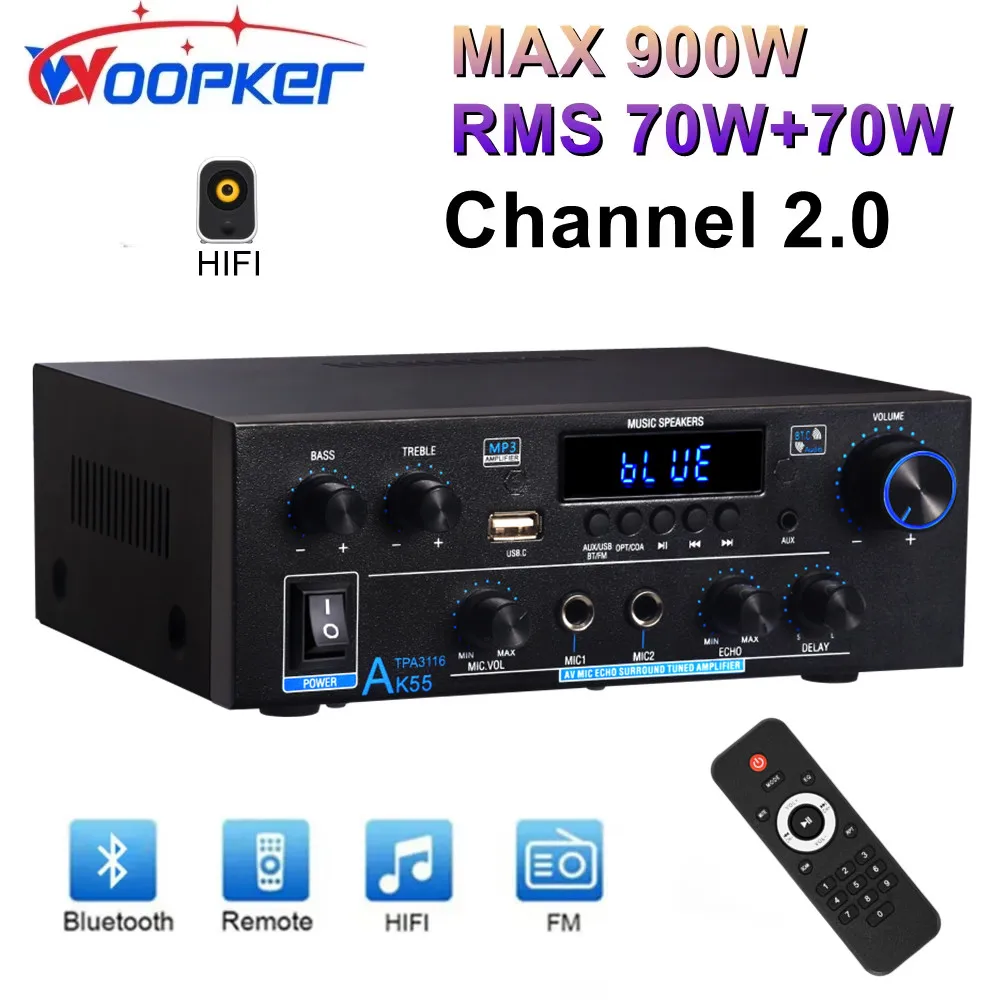 Woopker Amplificatore digitale AK55 Audio Bass Audio Potenza Bluetooth Amplificatore domestico Hifi FM Auto Musica Subwoofer Altoparlanti USB SD Mic