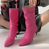 Sexy Rose Rot Silber Plissee Mid-kalb Stiefel Frauen Dünne Fersen Spitz Kleid Schuhe Damen Gefaltet Nahen Stilettos stiefeletten