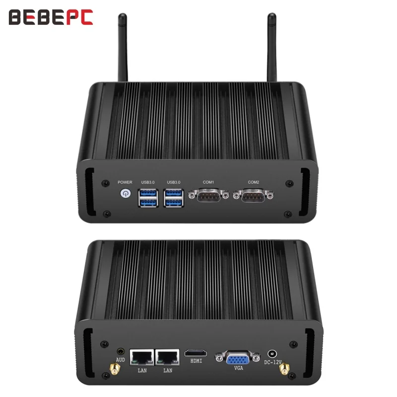 BEBEPC Industrielle Mini PC Fanless Intel Core i5 5200U i7 4500U 2 * COM RS232 Mini Computer Desktop Celeron Windows 10 Wifi HD 2LAN