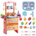 Kitchen Set Pretend Play with Sound & Light Kitchen Toy Stove Pan Spoon Vegetable Fruit Accessories with Water System Children Cooking Playset Educational Gift for Toddlers Kids Girls Boys