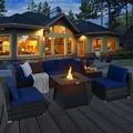 Gymax 7PCS Rattan Patio Sectional Furniture Set w/ 30 Fire Pit Table & Navy Cushion