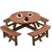 8 Person Outdoor Circular Wooden Picnic Table With 4 Built In Benches For Patio Backyard Garden Brown