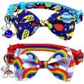 Pohshido 2 Pack Cat Collar with Bow Tie and Bell Kitty Kitten Space and Rainbow Breakaway Collar for Males Females Boys and Girls Cats (Rainbow+Space)