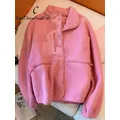 Women's Coats 2023 New Design Sense Casual Vintage Button Pink Fleece Lamb Patchwork Tops Korean