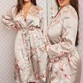 Large Size Robe Women Satin Print Flower Kimono Bath Gown V-Neck Sleepwear Gray Bathrobe Nightgown