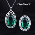 Silver Color Oval Simulation Emerald Jewelry Sets Green Tourmaline Pendant Necklaces Earrings Rings