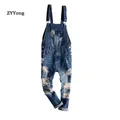 Blue Hole Overalls Men Denim Jumpsuit Ripped Tattered Jeans Bib Ankle Length Hip Hop Big Pocket