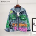 Autumn Fashion Women Letters Graffiti Print Harajuku Frayed Casual Denim jacket Chaqueta Mujer