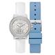 GUESS Ladies Sport Crystal Multifunction 36mm Watch – White Dial Rose Gold-Tone Stainless Steel Case with Blue Silicone Strap, Interchangeable Straps/Silver Tone/White, Classic