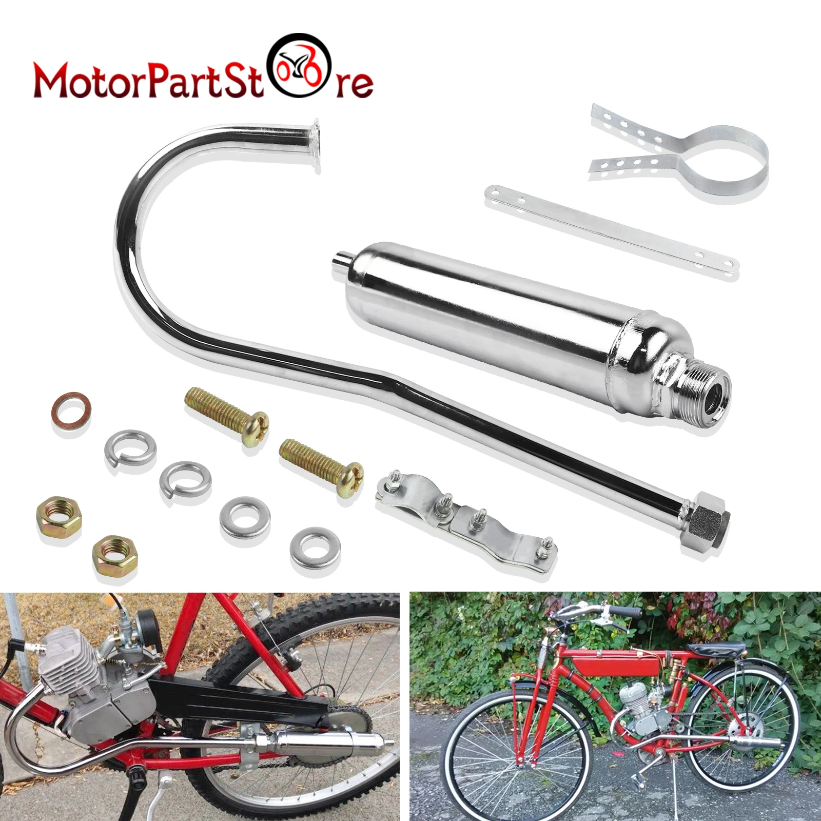Tubo di scarico cromato per bicicletta motorizzata per 49cc 50cc 60cc 66cc 80cc 2 tempi motore bici moto silenziatore argento