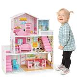 Infans Kids Wooden Dollhouse Playset with 5 Simulated Rooms & 10 Pieces of Furniture