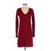 Athleta Casual Dress - Sweater Dress V-Neck Long sleeves: Red Print Dresses - Women's Size 2X-Small