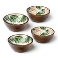 WEBHUSHI Acacia 4.75" Round Wooden Enamel Bowls, Small Wood Bowl for Soup, Side dish, Salad Dressing, Dip Sauce, Nuts, Candy, Fruits, Appetizer, and Snacks, Dia 4.75"x 2" H - Set of 4, Floral