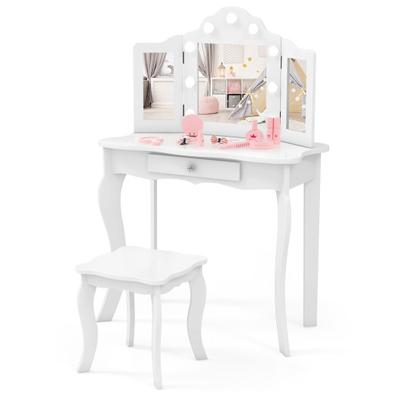 Costway Kid Vanity Table Stool Set with Tri-Folding Mirror and 3-Color LED Lights-White