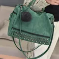 Vintage Nubuck Leather Ladies Handbags Rivet Larger Women Bags Hair Ball Shoulder Bag Motorcycle