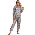 iEFiEL Womens Sauna Suit Long Sleeve PVC Tops with Pants Set Sweat Suit Slimming Fitness Gym Workout Suit Grey XL