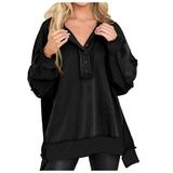 50% Up Clearance Plain Pullover Sweatshirts Ladies Oversized Sweatshirt Casual Long Sleeve Button Henley Neck Vintage Tunic Tops (X-Large Black)