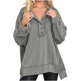 50% Up Clearance Plain Pullover Sweatshirts Ladies Oversized Sweatshirt Casual Long Sleeve Button Henley Neck Vintage Tunic Tops (Large Gray 01)