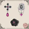 WOSTU 925 Sterling Silber Vintage Gothic Kreuz Charms Schwarz Rose Blume Perlen fit Frauen Original Armband Armreif Schmuck Machen